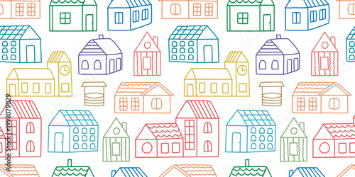 Cute colorful houses seamless pattern. White background with line hand drawn villas, rural houses, cottages. Residential building print for textiles, paper, wallpaper, vector graphics