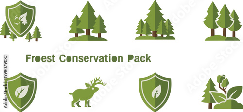 Forest Conservation Pack, flat green pine tree icons and nature protection shields, environmental sustainability vector set with deer and leaf symbols