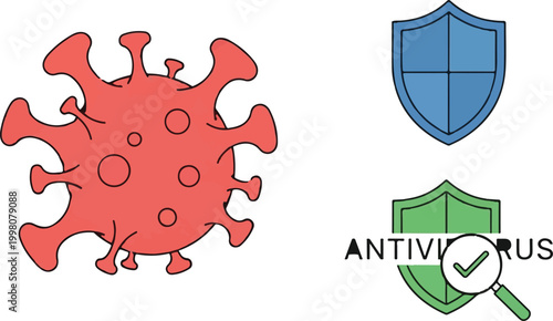 Antivirus protection vector set, red virus cell with protective shields, medical defense and cybersecurity icons for health and digital safety