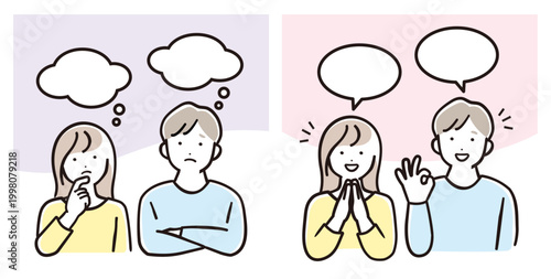 ママとパパの悩みと解決・喜びセット 会話と相談イラスト パステルカラー