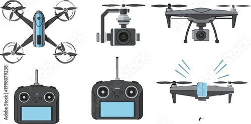 Modern drone vector set with remote controllers, professional quadcopter with 4k camera, aerial photography equipment icons, flat technology illustrations