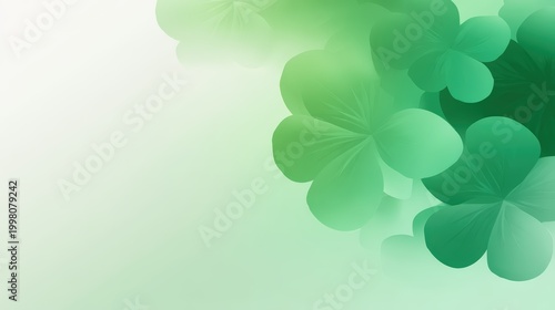 Soft green gradient background with translucent, layered clover leaves a serene and fresh botanical design, kid friendly green clovers background