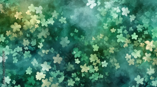 A textured green and blue background with scattered, semi-transparent four-leaf clovers in various sizes, kid friendly green clovers background