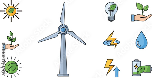 Renewable energy icon set with wind turbine and solar power symbols, eco friendly green technology vector elements, sustainable electricity icons