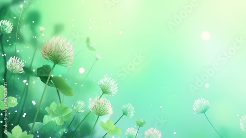 Soft green background with delicate clover flowers and leaves, a calm and fresh natural scene, kid friendly green clovers background