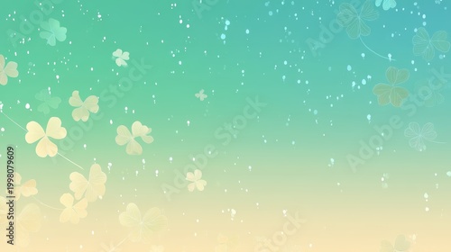 A soft gradient background featuring falling white petals and delicate clover shapes in pastel hues, evoking a calm, springtime ambiance, kid friendly green clovers background