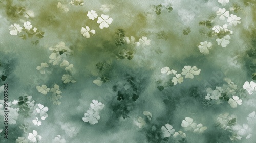 A textured green watercolor background with scattered white four-leaf clovers a calming, nature-inspired pattern, kid friendly green clovers background