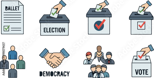 Election and democracy icon set, voting ballot paper and ballot box vector, political campaign and government choice symbols for civic participation
