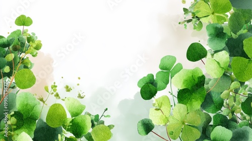 Green leaves with round shapes and delicate branches frame a bright, soft white background, a fresh and natural look, kid friendly green clovers background