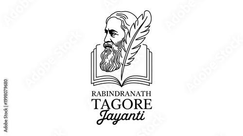 Minimalist black and white line art portrait of Rabindranath Tagore with quill and book