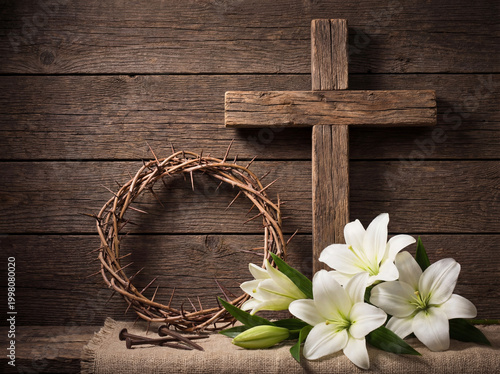 Wooden Cross with Crown of Thorns and Easter Lilies
