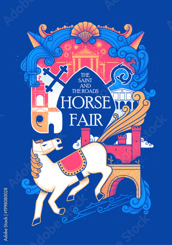 Horse fair in a medieval town with a castle and patron saint