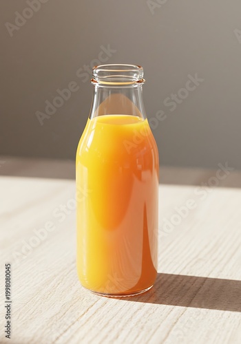 Glass bottle filled with orange juice against a neutral backdrop
