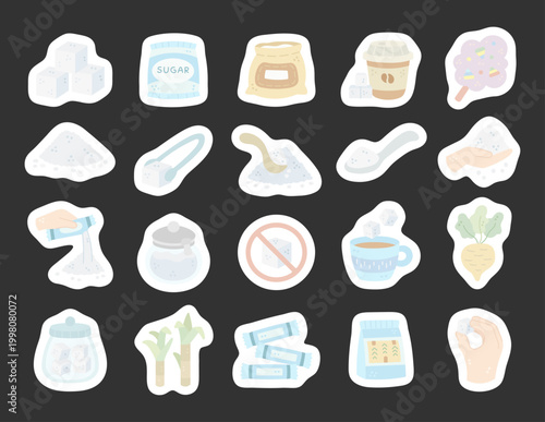 Sugar set in scandinavian style showing ingredient cubes powder drinks utensils farming sources kitchen food preparation containers jars spoons tongs