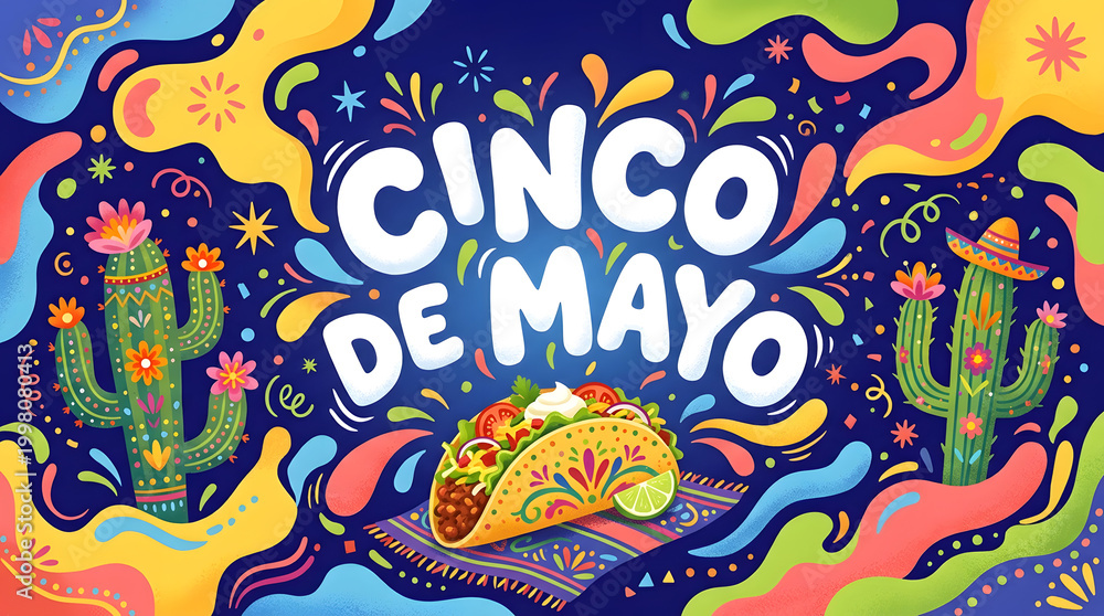 Fototapeta premium Vibrant Cinco de Mayo celebration with festive taco and cactus decorations