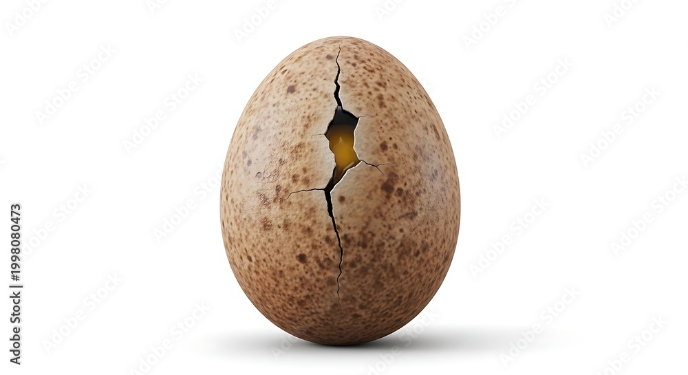 Fototapeta premium A single brown speckled egg with a prominent crack revealing the bright yellow yolk inside, isolated on a white background.