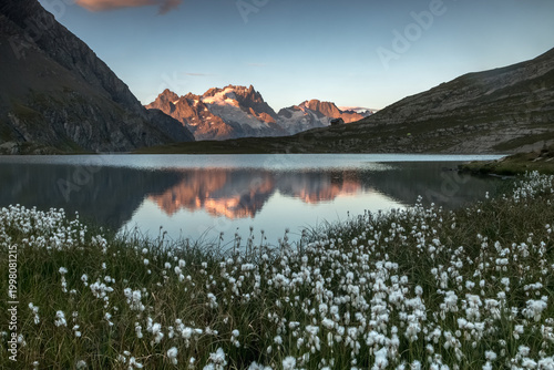 Lac du Goléon en été , lever du soleil sur la Meije , Hautes Alpes - Alpes France