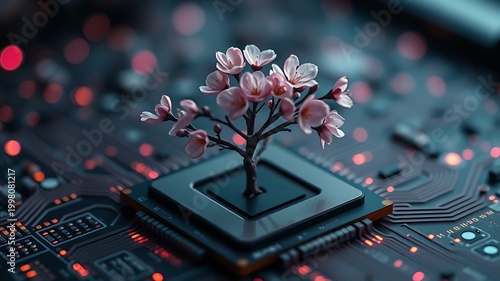 Pink blossoms on circuit board technology nature