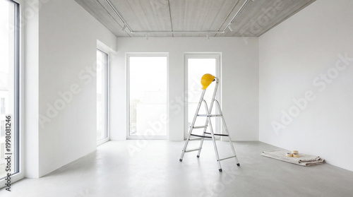 Empty white interior space with safety helmet on a silver ladder under bright window light