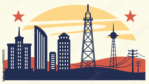 Midland Texas skyline art, petroleum energy theme