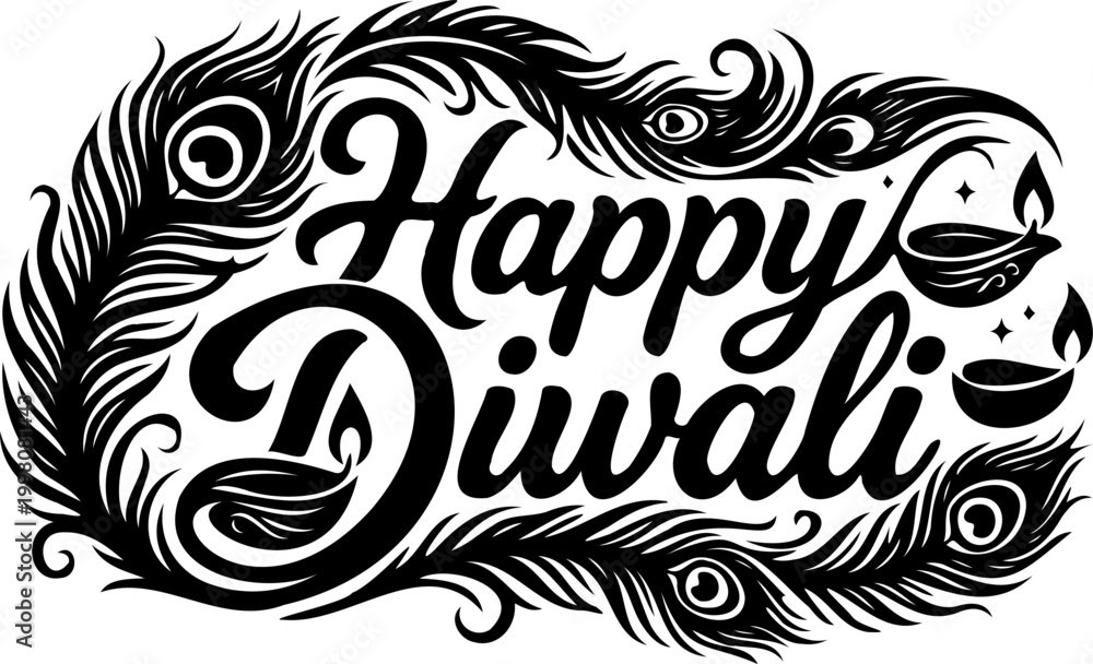 Fototapeta premium Black Silhouette Happy Diwali Diya Peacock Fusion