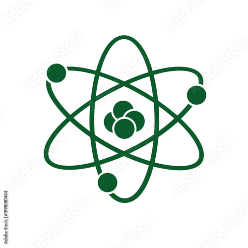 A minimalist graphic of an atomic model with electrons orbiting a central nucleus