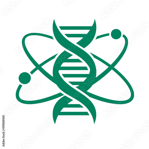 A stylized DNA double helix intertwined with an atom symbol showing orbiting electrons