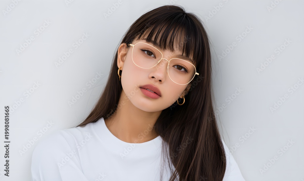 Fototapeta premium beautiful Korean female model with Hime cut hair style and fashionable titanium frame glasses