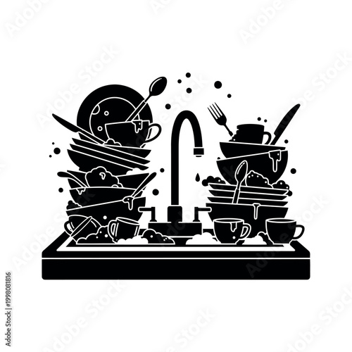 Dirty Dishes Piled High in Kitchen Sink with Faucet.