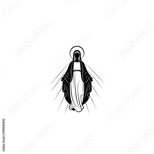 Illustration of Virgin Mary with open arms and halo.