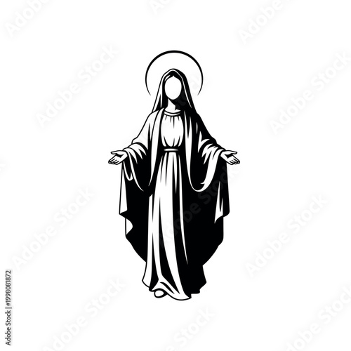 Illustration of the Virgin Mary with outstretched arms and halo.