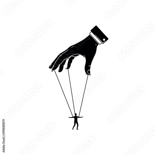 Puppet Master Hand Controlling Tiny Human Figure Silhouette.