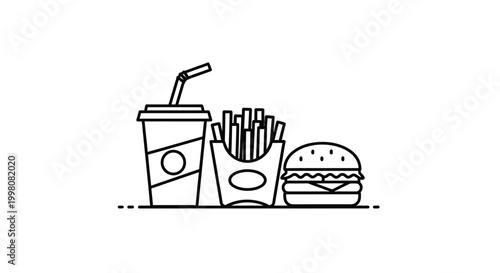Title: Fast Food Combo Line Icon Vector – Burger, Fries and Soft Drink Minimal Outline Illustration
