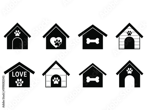 Eight black and white dog house icons with paw prints, bones, and love symbol