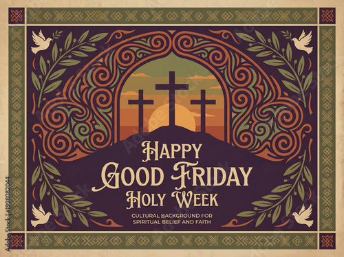 Good Friday Religious Illustration with Crosses and Doves