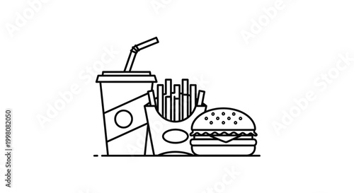 Title: Fast Food Combo Line Icon Vector – Burger, Fries and Soft Drink Minimal Outline Illustration