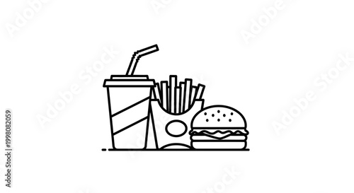 Title: Fast Food Combo Line Icon Vector – Burger, Fries and Soft Drink Minimal Outline Illustration