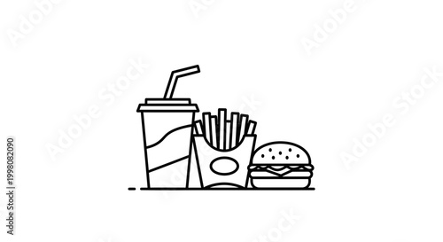 Title: Fast Food Combo Line Icon Vector – Burger, Fries and Soft Drink Minimal Outline Illustration