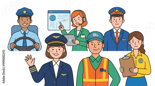 Diverse Transportation and Logistics Workers Team Illustration Vector Graphic Featuring Pilots, Drivers, Dispatchers and Delivery Personnel