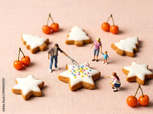 Miniature people decorating star-shaped cookies with cherries