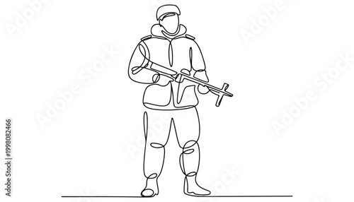 One continuous line illustration of an military soldier , isolated on white background.