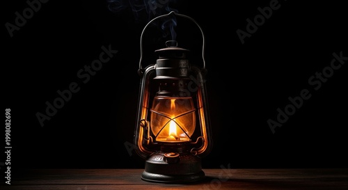 Vintage lit oil lantern with burning flame and smoke on wooden table against black background