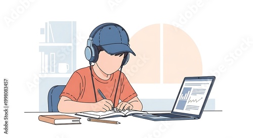 Young Student with Headphones Studying at Desk