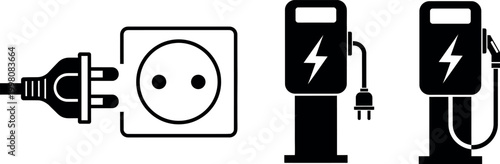 Electric car charging station icons and wall socket with plug, alternative energy