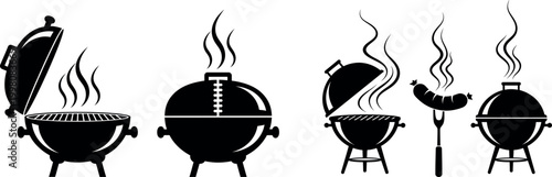 Collection of charcoal grills with smoke rising, some with lids open