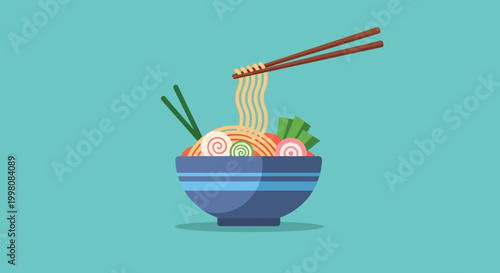 Flat 2D vector bowl of ramen with chopsticks lifting noodles, minimal, solid color, clean background