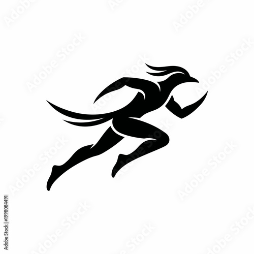 Abstract Stylized Runner Silhouette with Bird Features Representing Speed, Agility, and Athletic Performance