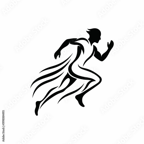 Stylized black silhouette of a sprinting man with motion lines representing speed, athletics, and dynamic performance, isolated on a white background.