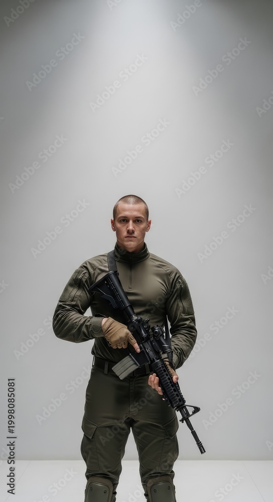 Fototapeta premium Military personnel holding rifle in green uniform standing isolated on gray background
