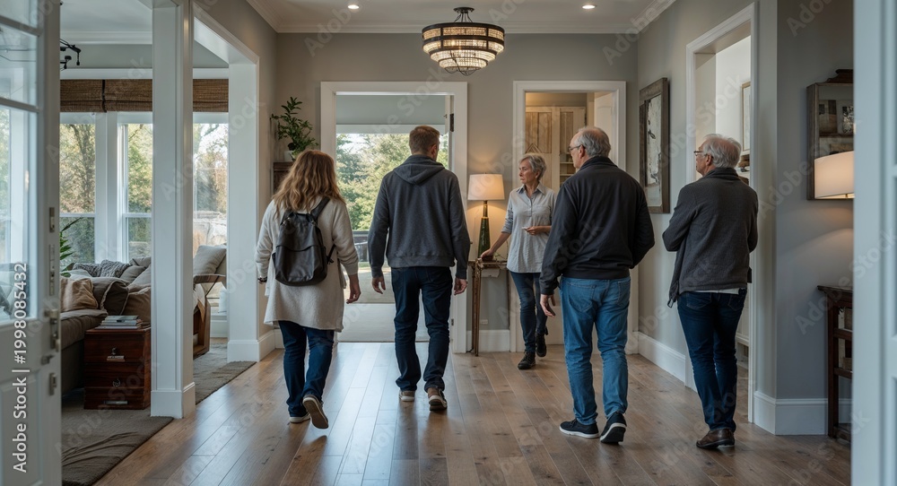 Fototapeta premium Visitors exploring an open house walking through rooms and asking questions about property features